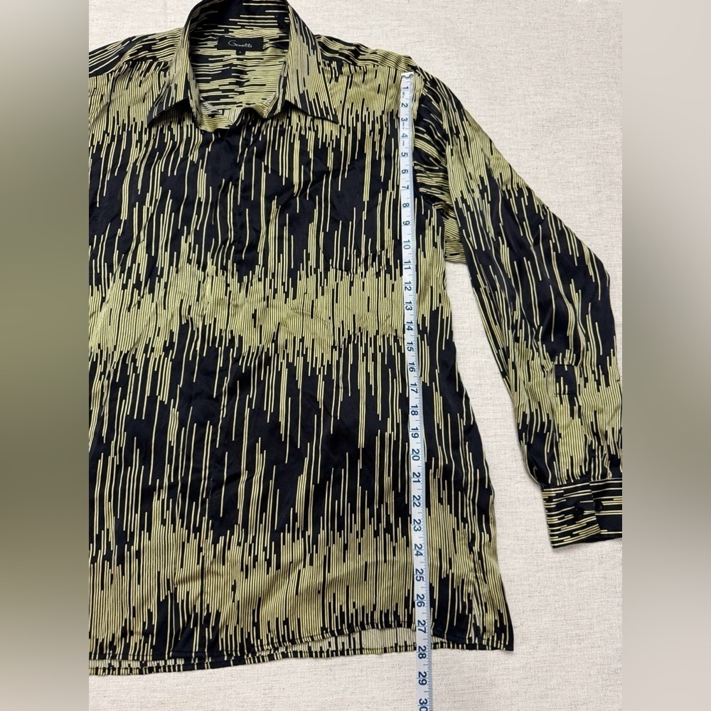 Vintage Genelli Mens Button Up Silk Shirt Large Retro Black Green Abstract - Picture 5 of 7